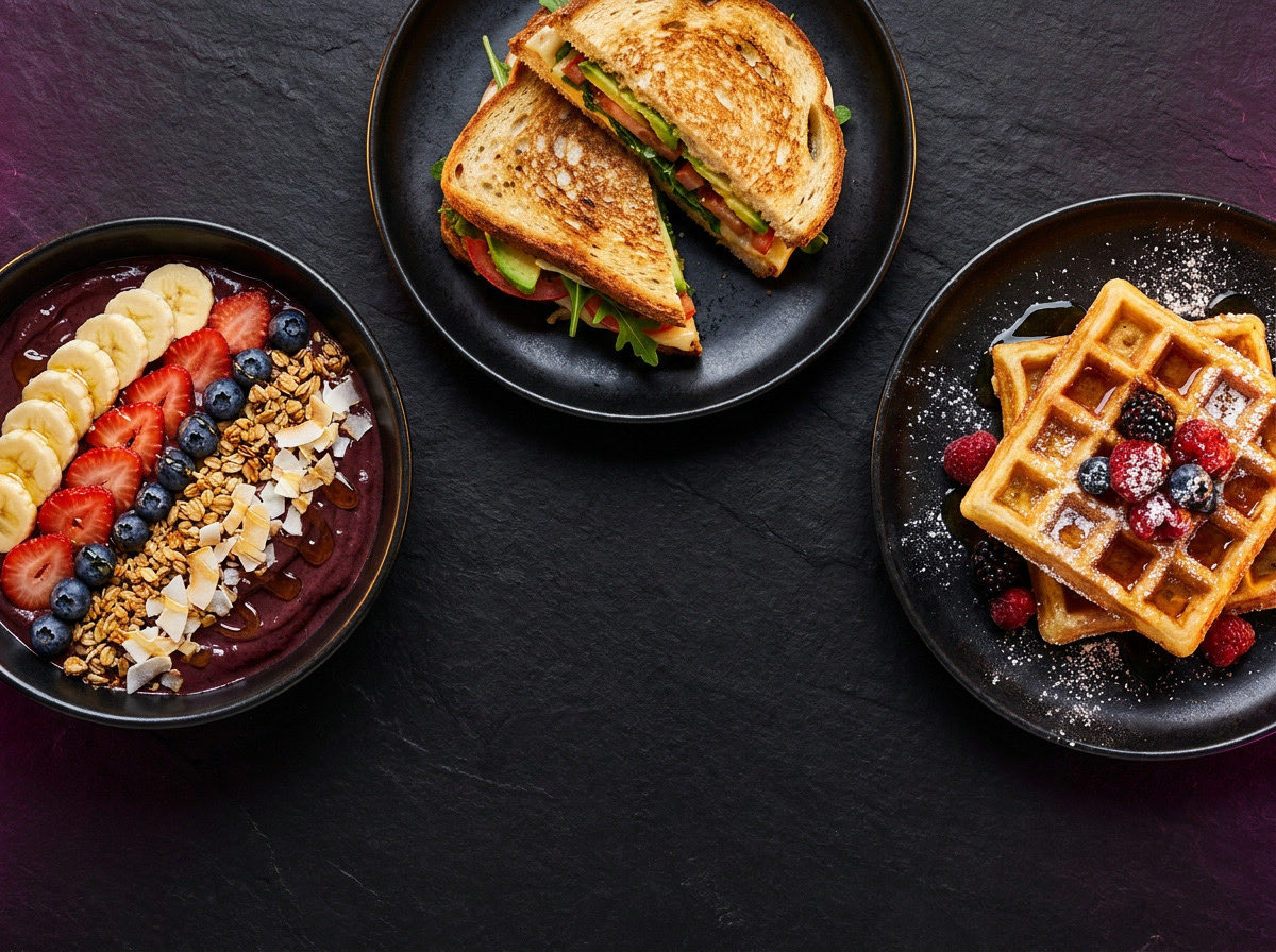 An açaí bowl with banana, strawberries and granola, a toasted sandwich with avocado and tomato, and waffles with berries, on dark plates