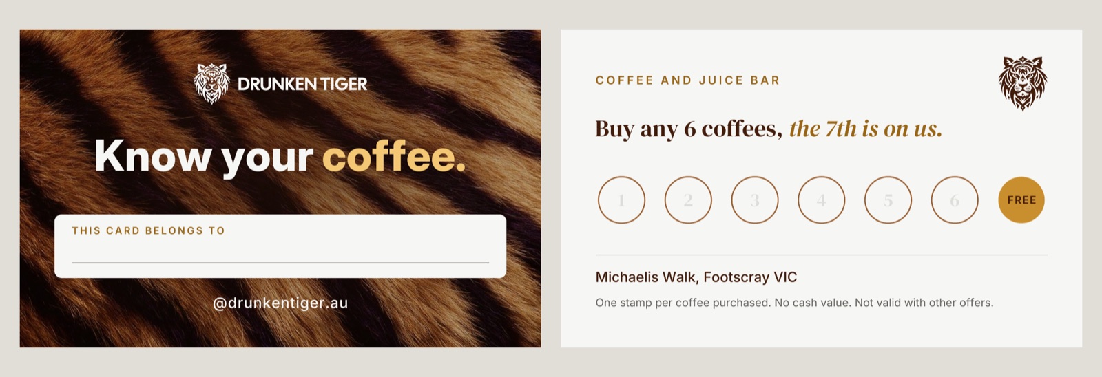 The KYC Card, front and back: Know your coffee, with seven circles to stamp and the 7th marked free