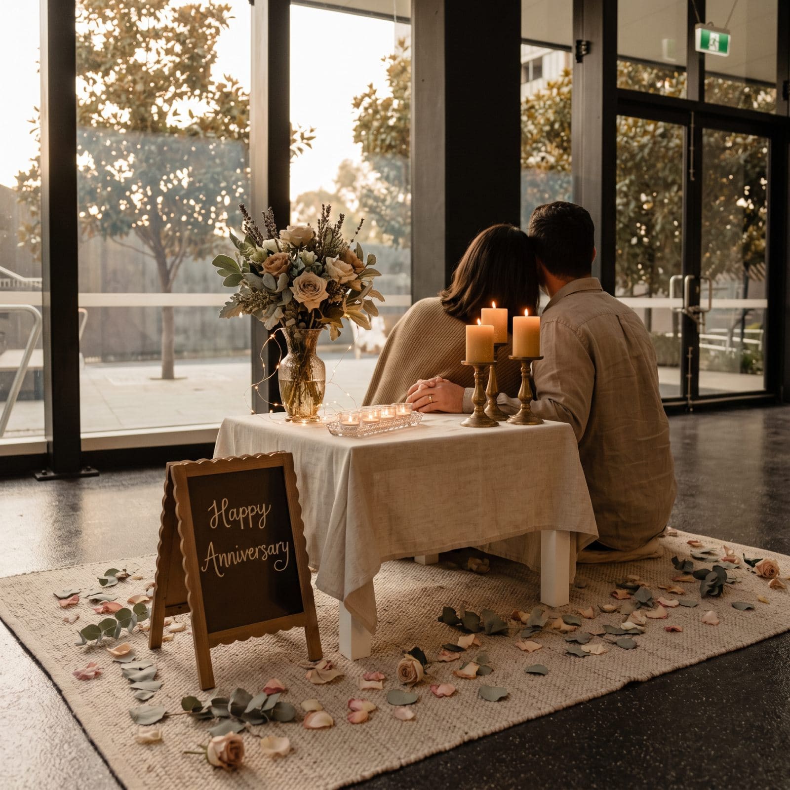 DT Spaces styled for an anniversary dinner for two, with candles, flowers and rose petals