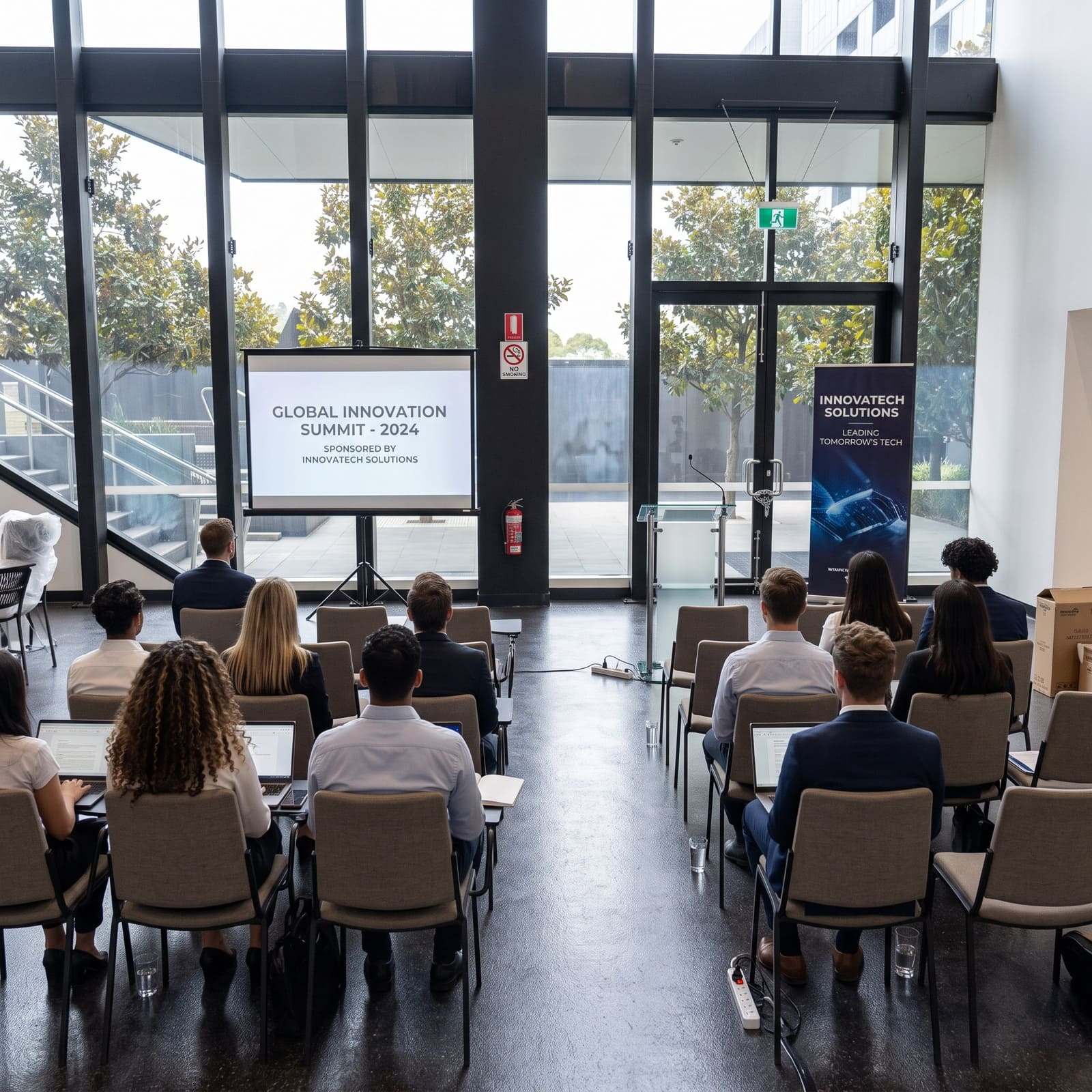 DT Spaces set up for a presentation, with rows of chairs facing a projector screen