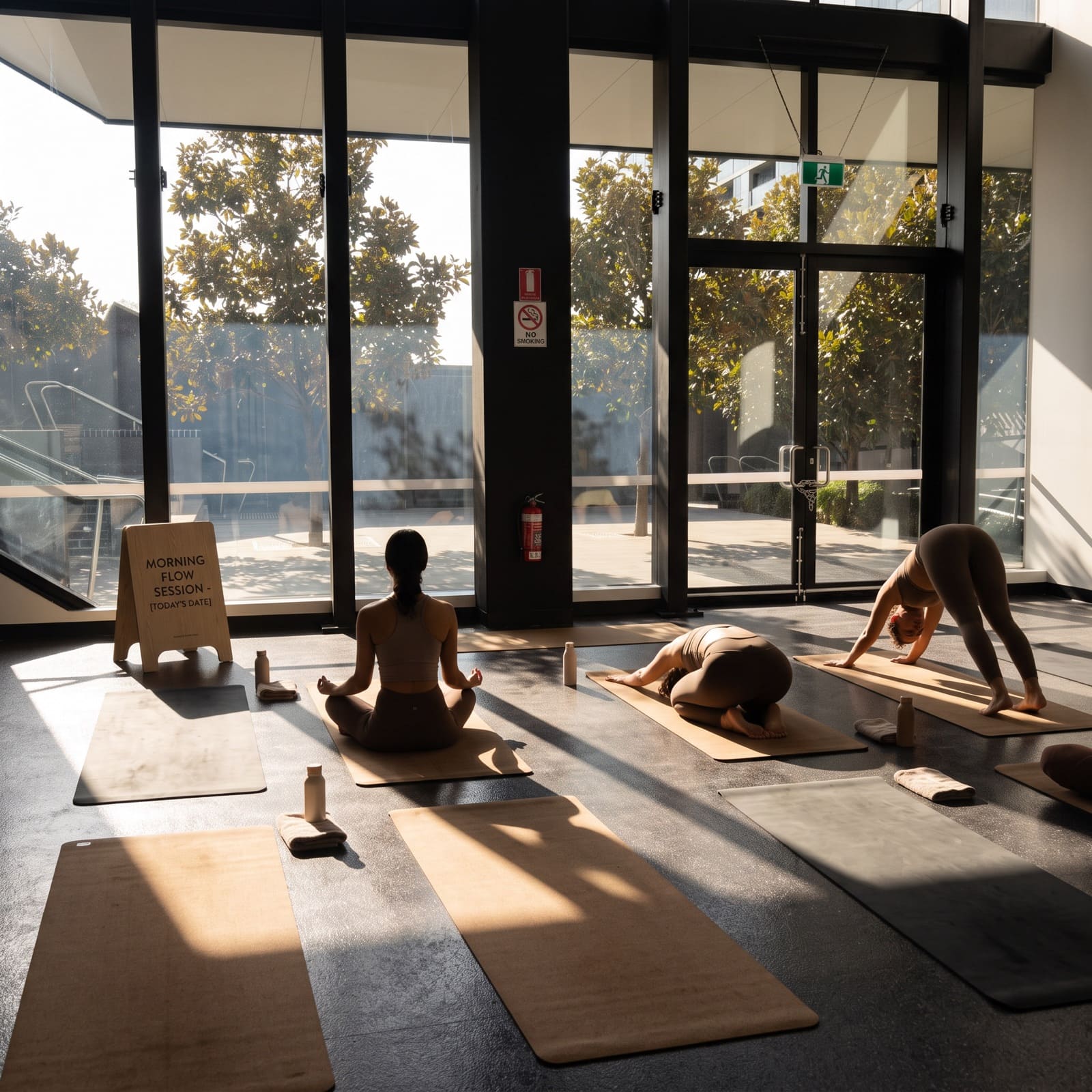 A morning flow yoga session in the DT Spaces room, with floor-to-ceiling windows and sunlight on the floor